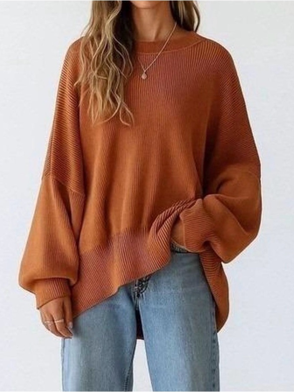 Free People Easy Street Tunic Oversized Ribbed Knit Cotton Sweater Rust Brown M